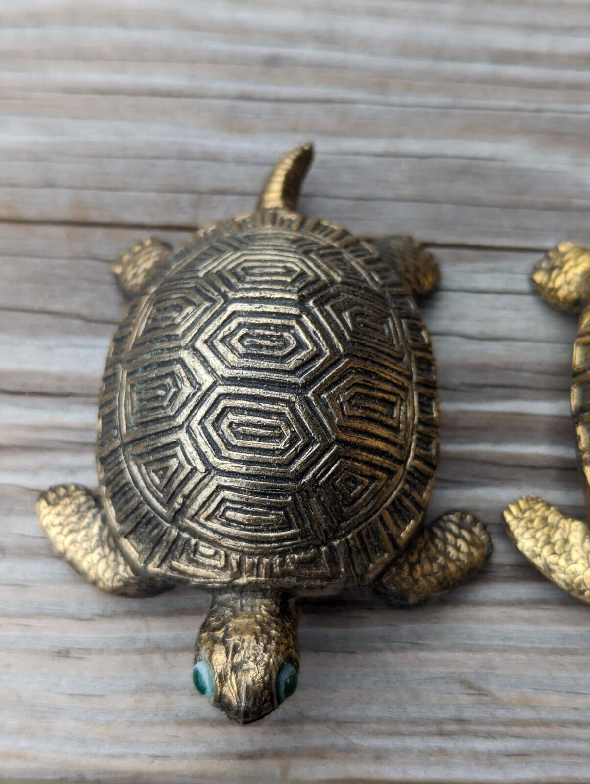 Vintage Holiday Fair Co 1971 Two Turquoise Eyed Brass Turtles Figurines Japan