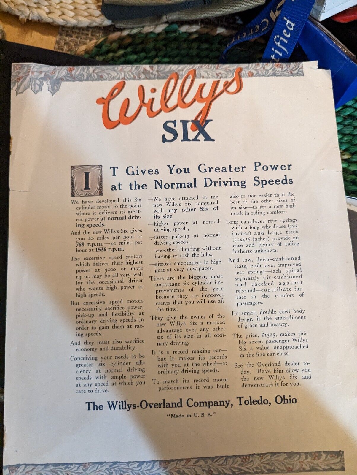 Willys Six car advertising four page brochure circa 1920