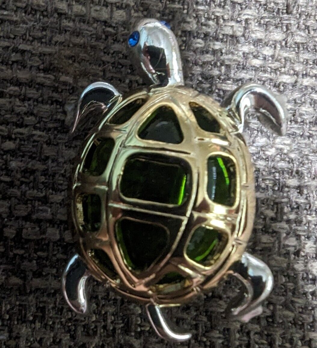 Metal And Green Glass Turtle Brooch Silver And Gold Tone