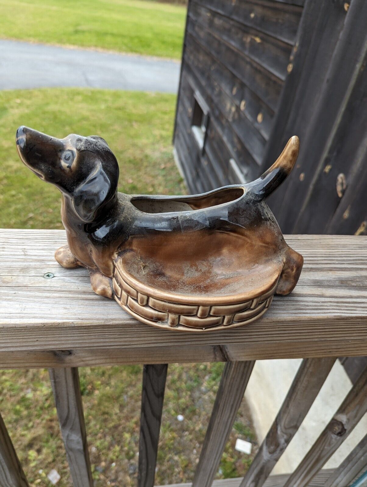 Vintage MCM 50s 10 Inch Dachshund Ceramic Planter Trinket Dish Weiner Dog