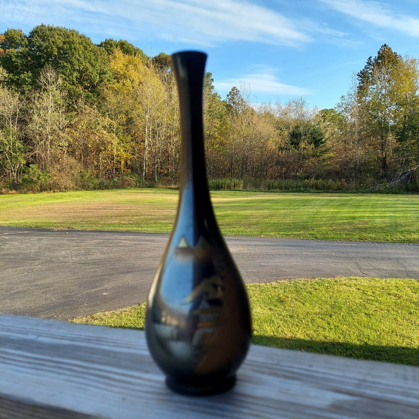 Vintage Metal Asian Etched 9" Bud Vase-Black, Silver, Gold