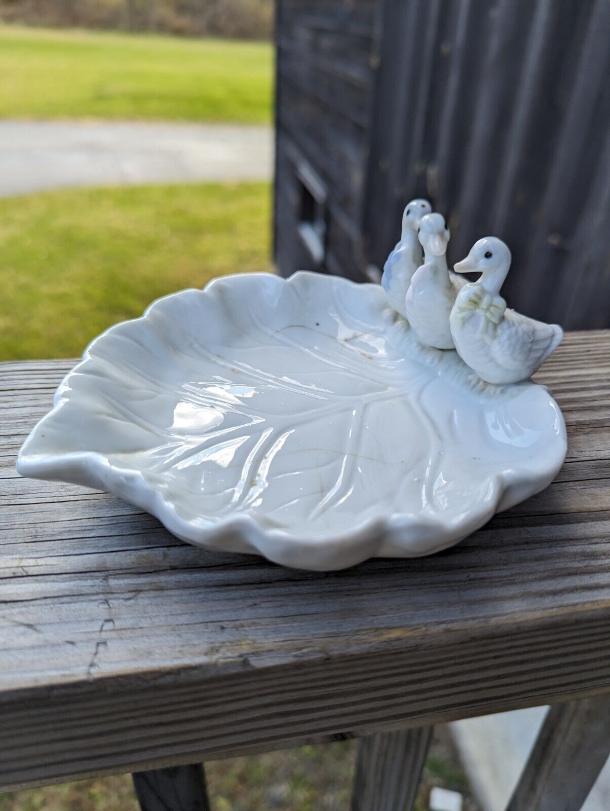 White Porcelain 3 Duck Sitting On Leaf Plate Edges