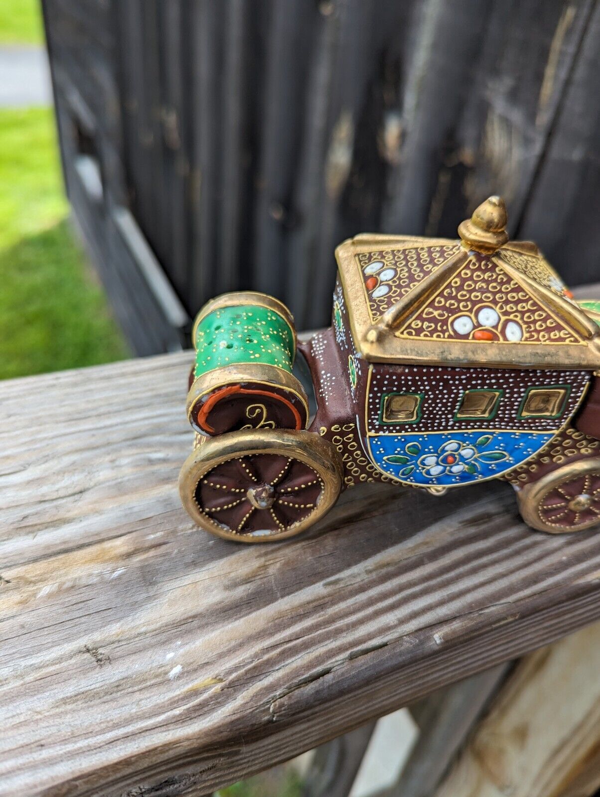 Vintage Ornate Porcelain Carriage Salt Pepper & Sugar Set 6" Wide Made in Japan