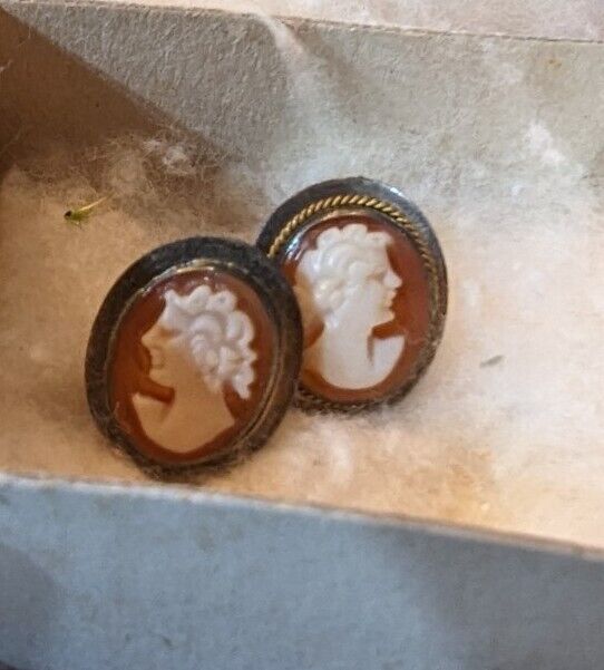 Vntg Ditta Giovanni Apa Italy Hand Carved Cameo 925  Earrings In Original Box