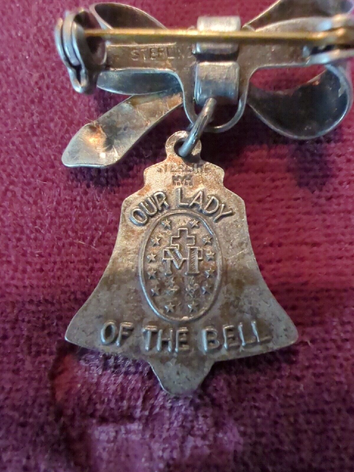 Vintage Sterling Our lady Of The Bell Medal blue enamel With Ribbon