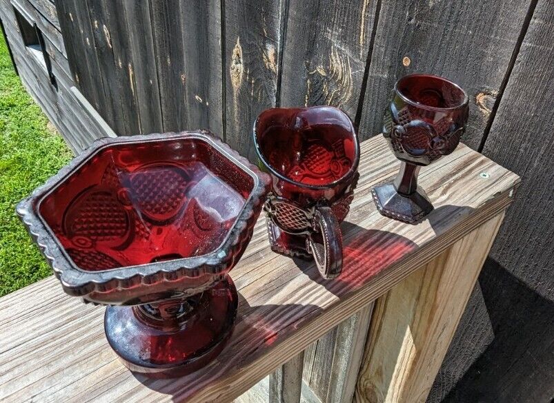 Three Avon Ruby Red Glass Ware Lot