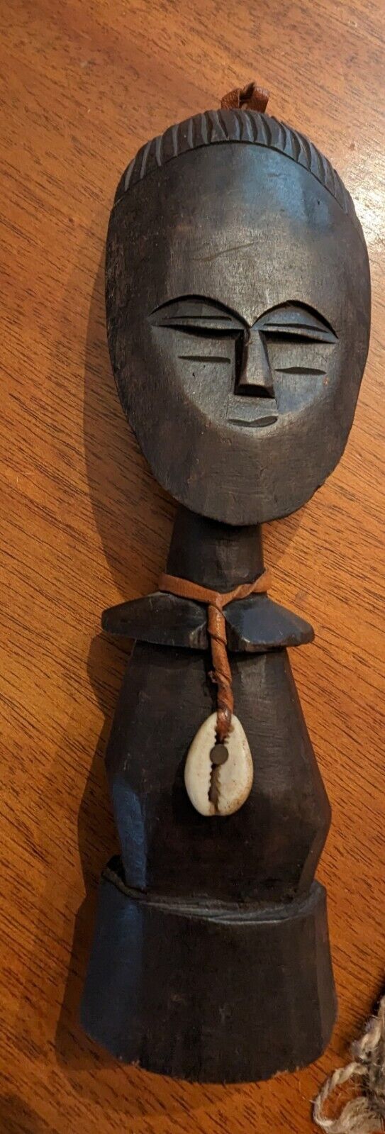 Vintage hand carved African Ashanti wooden figure puka shell leather hang strap