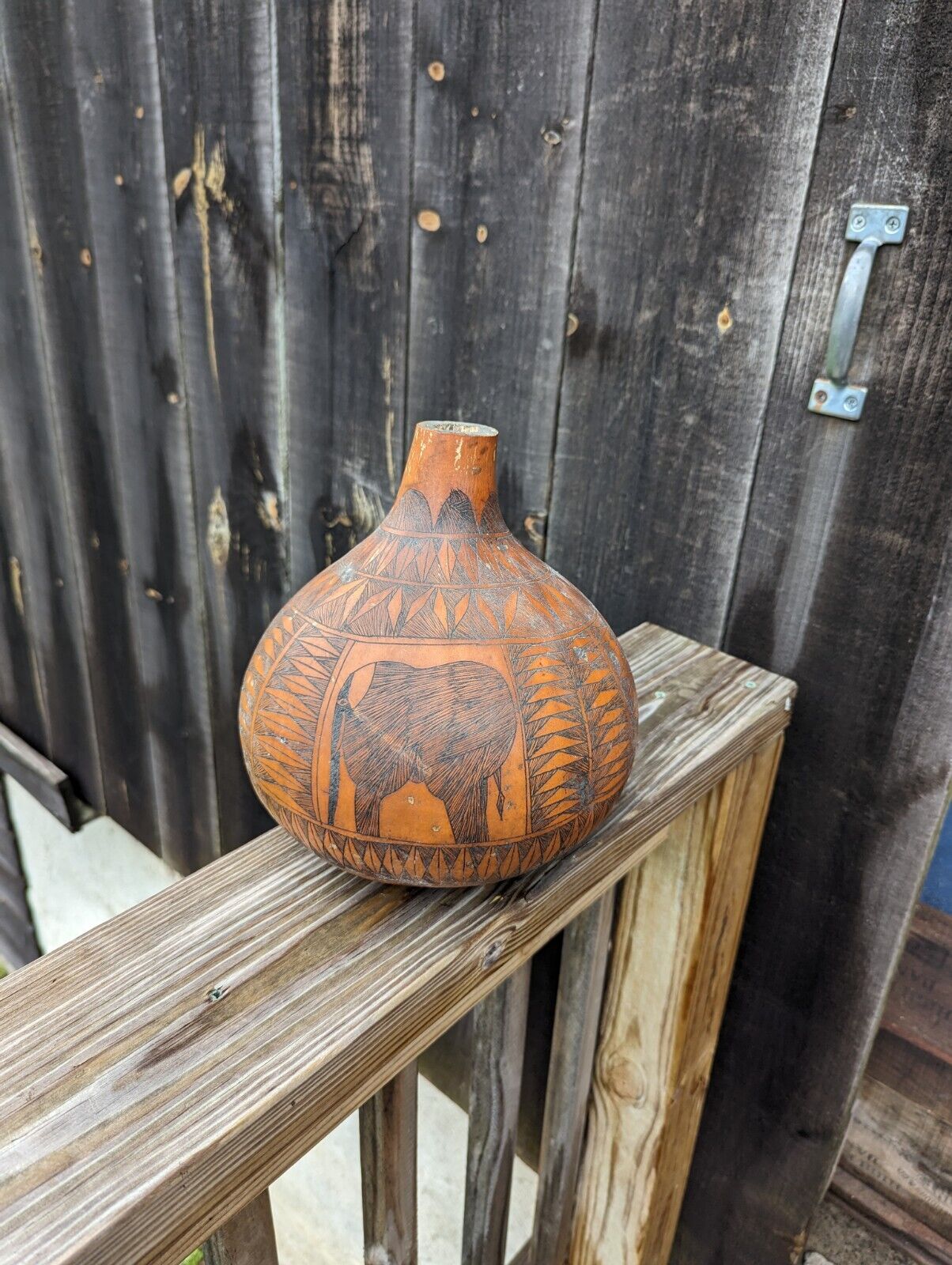 African Gourd Hand Carved  Folk Art About 10" Elephants & Rhinos Made in Kenya