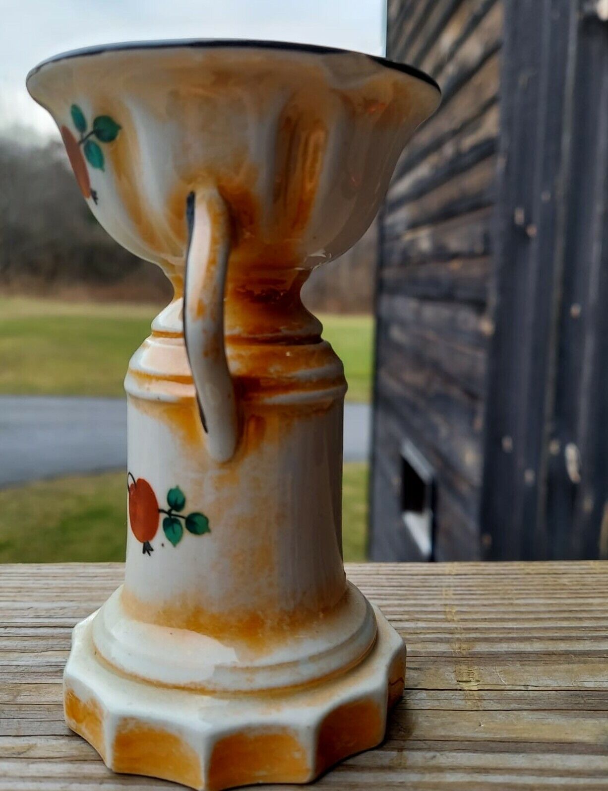 Vintage Czech Yellow / Orange Luster Ladies Spitoon Fruited Vase 5 1/2" Stamped