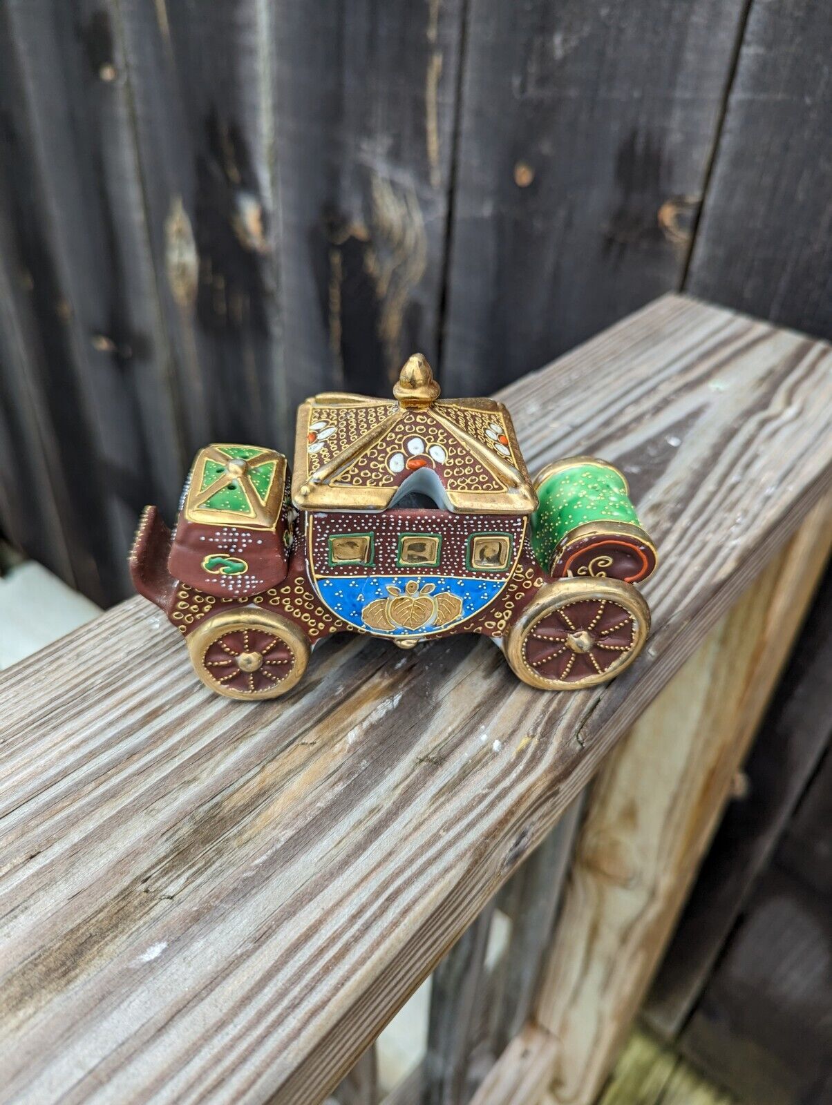 Vintage Ornate Porcelain Carriage Salt Pepper & Sugar Set 6" Wide Made in Japan