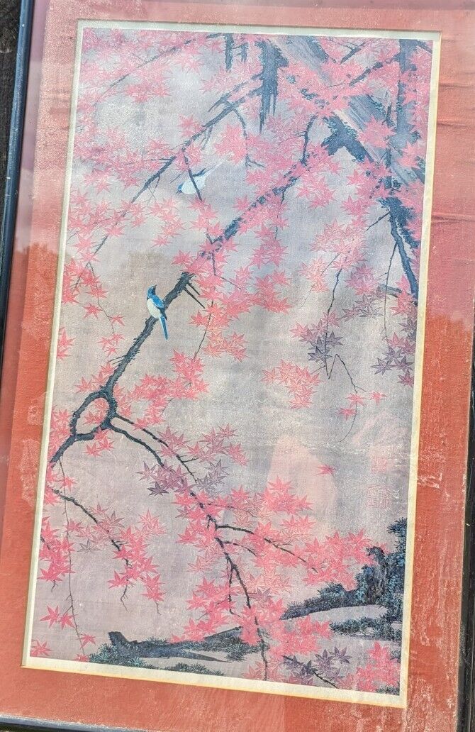 Framed And Glassed Maple Tree and Small Birds, Colorful Realm Ito Jakuchu Print