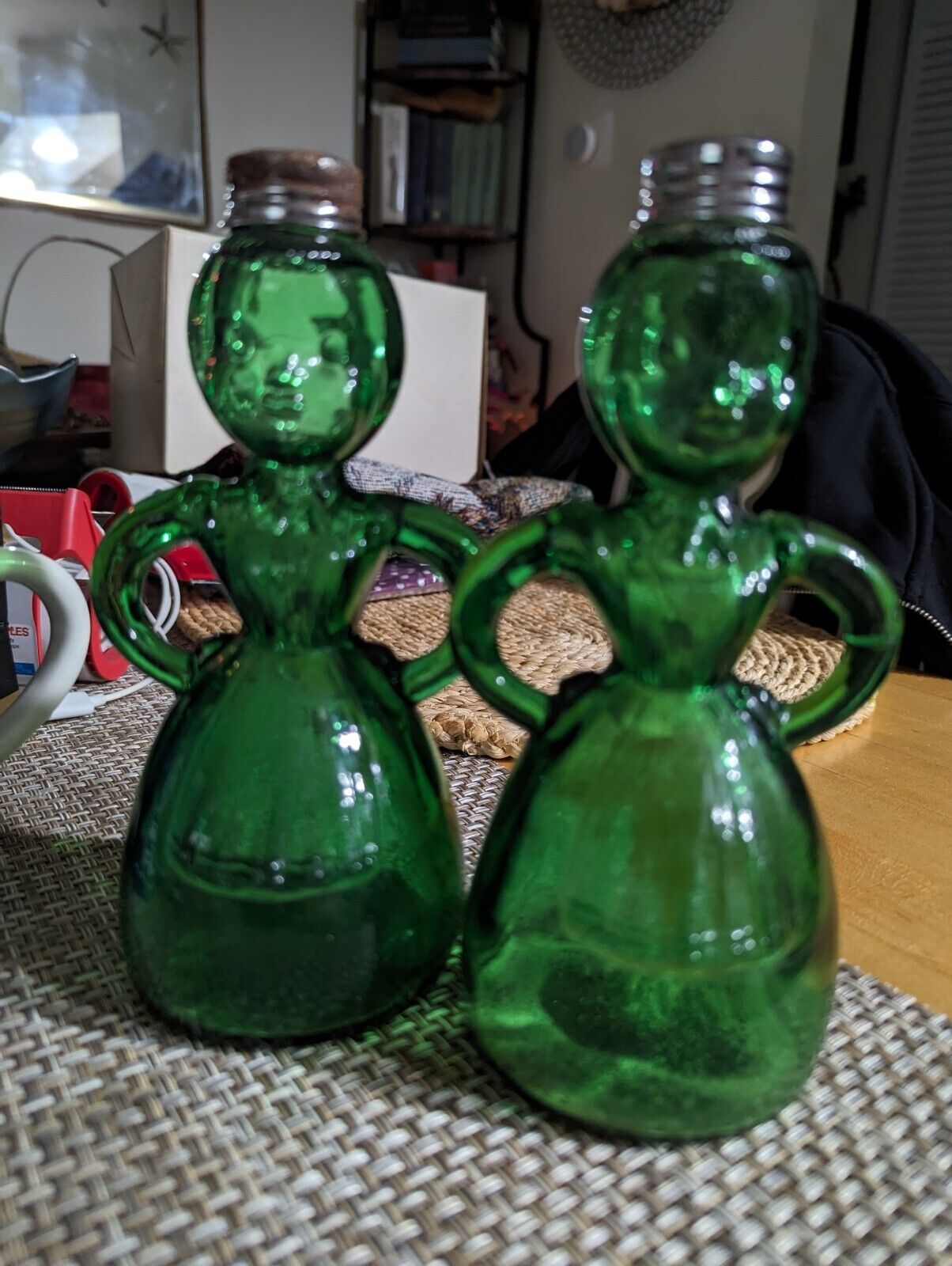 RARE Merry Maids Green Glass Salt &Pepper Shakers Vintage