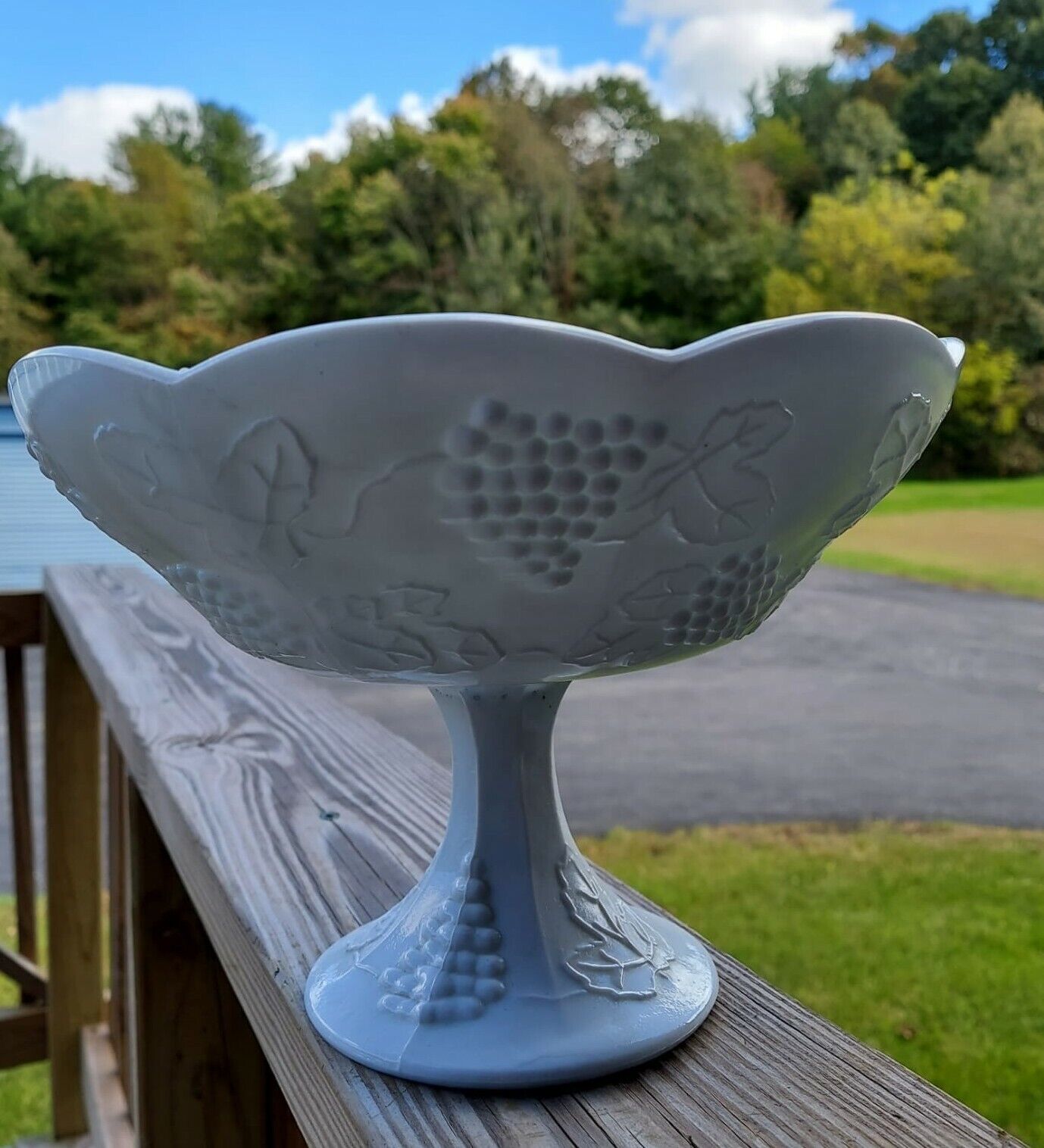 Vintage Tall Pedestal Milk Glass Compote Bowl