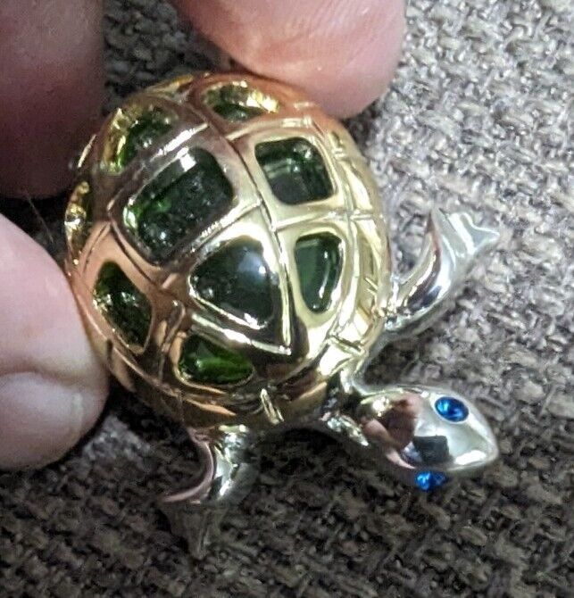 Metal And Green Glass Turtle Brooch Silver And Gold Tone