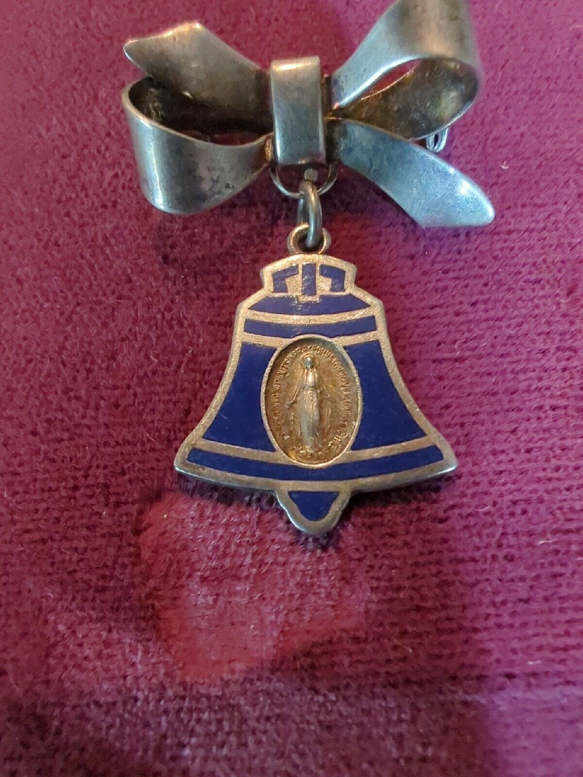 Vintage Sterling Our lady Of The Bell Medal blue enamel With Ribbon