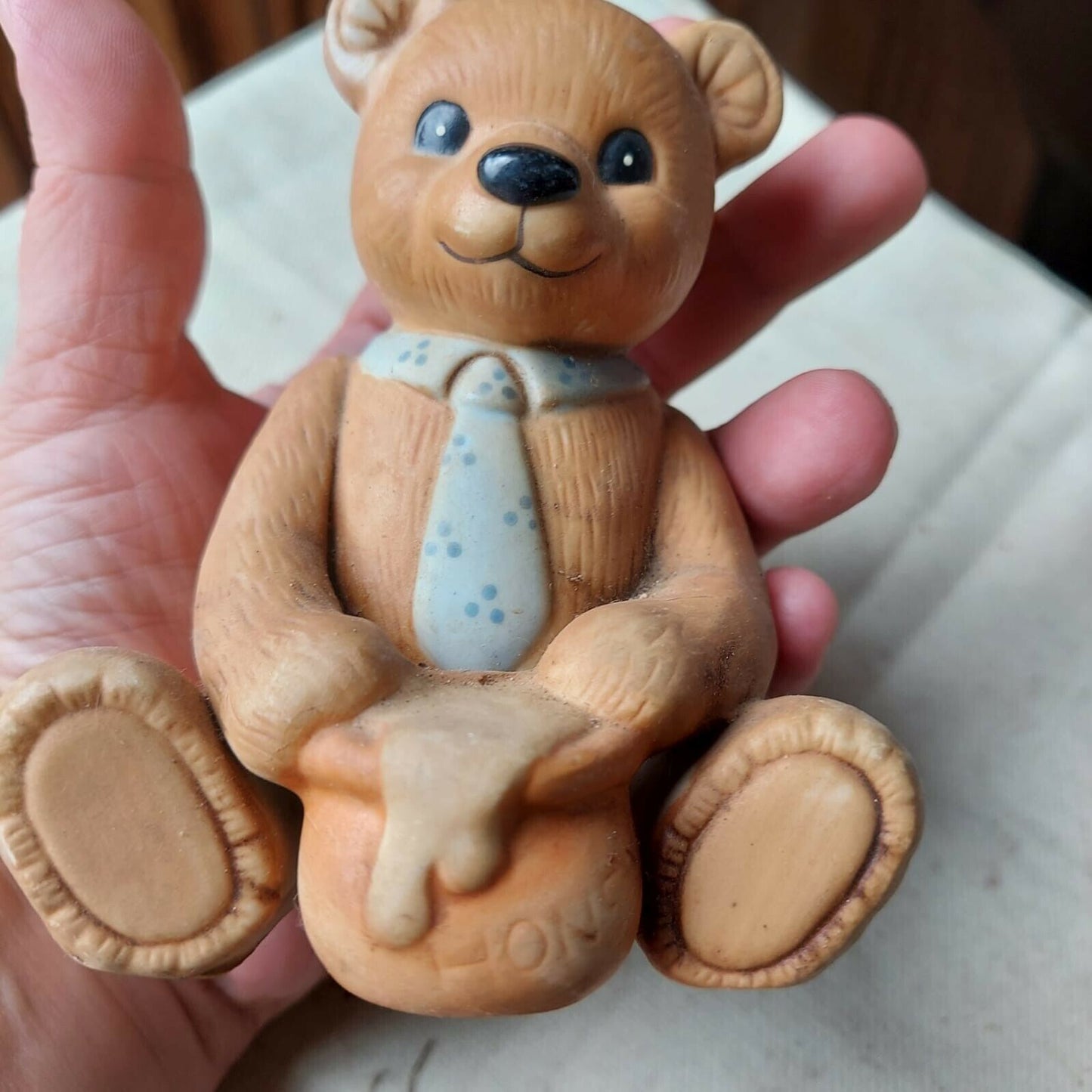 Vintage Homco Figurine Boy Bear with Blue Tie and Honey Pot - #1405