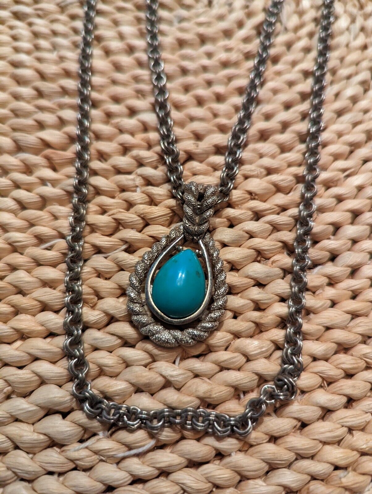 Vintage Avon Faux Turquoise Silvertone Teardrop Pendant 2 Strand Necklace