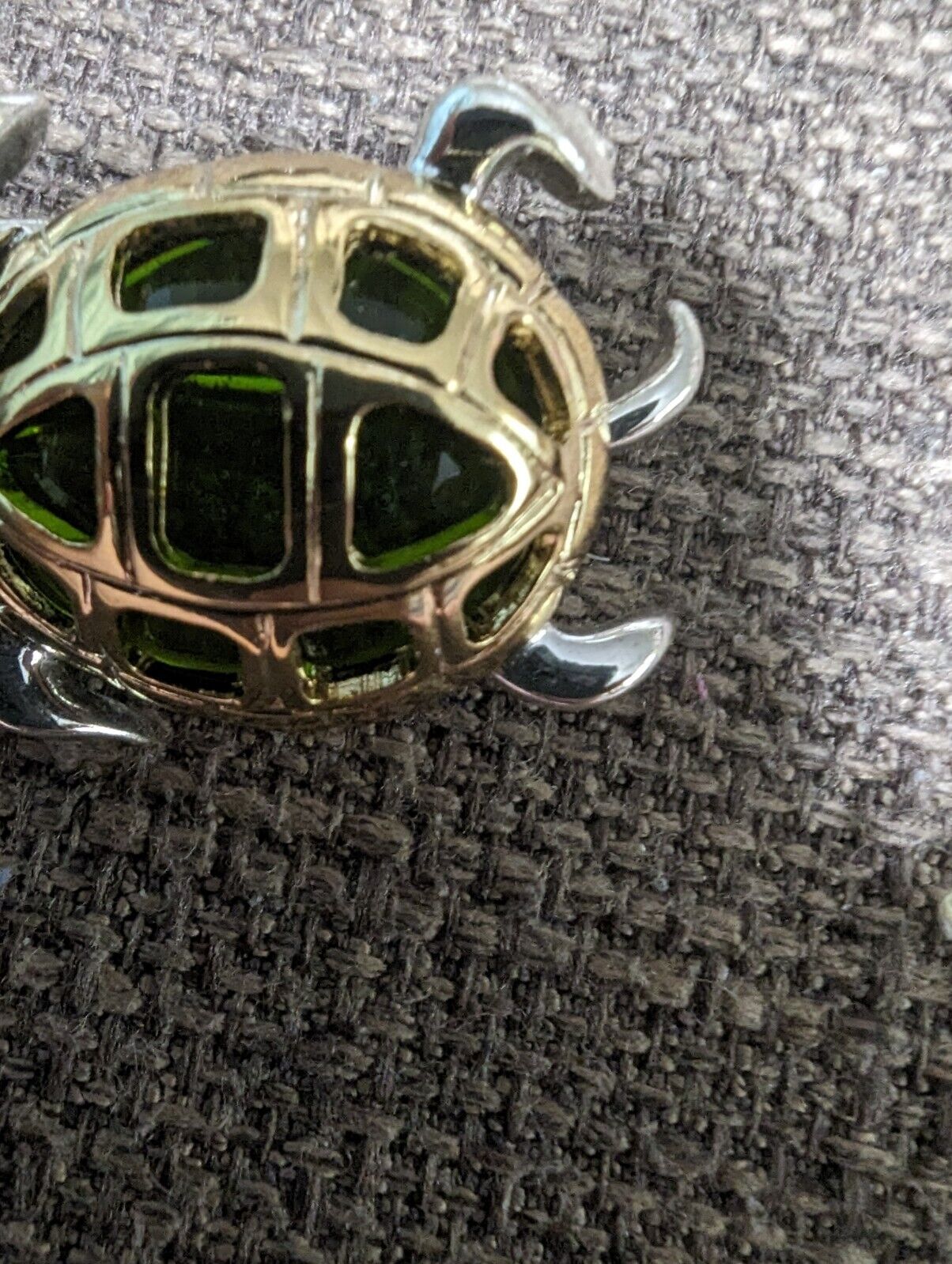 Metal And Green Glass Turtle Brooch Silver And Gold Tone