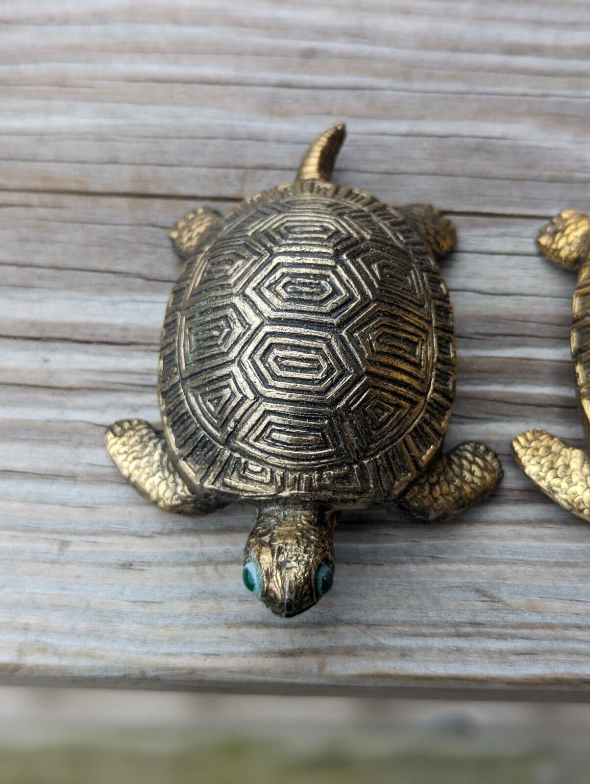 Vintage Holiday Fair Co 1971 Two Turquoise Eyed Brass Turtles Figurines Japan