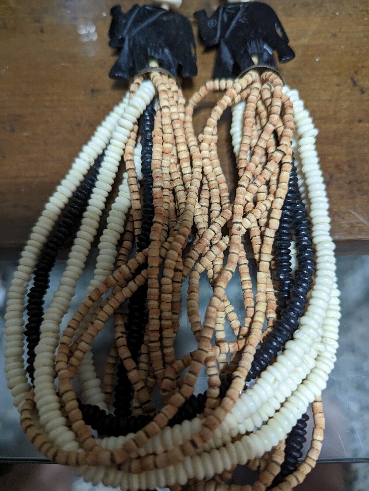 BoHo African carved elephant & wood bead Multi Strand Beaded Necklace 24”