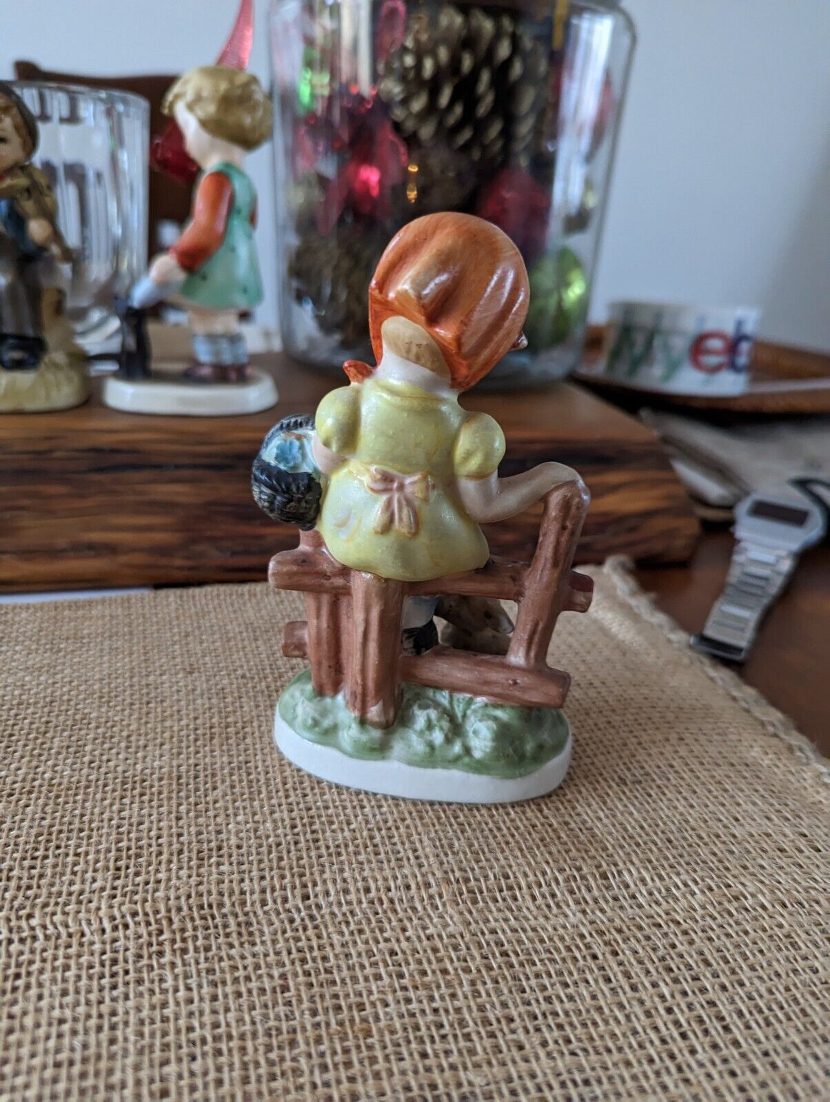 Knobler Co Ceramic Girl Sitting On A Fence With Dog Figurine