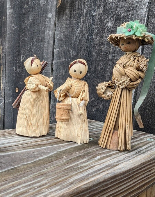 Lot of 3 Vintage Handmade Corn Husk and Straw Dolls w/ Hat and Flower Basket