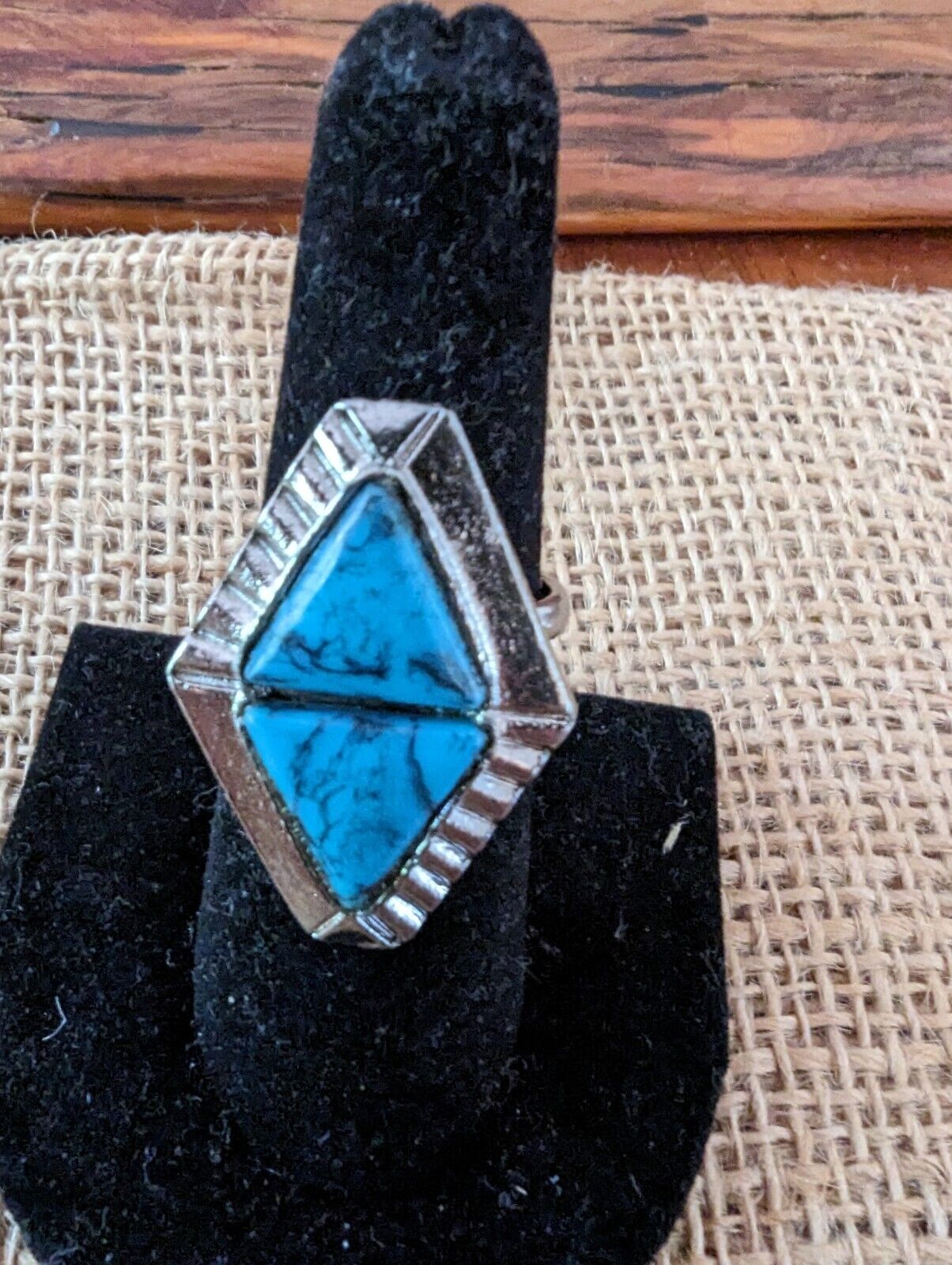 Large Turquoise Over Silver Tone Cocktail Ring Size Seven