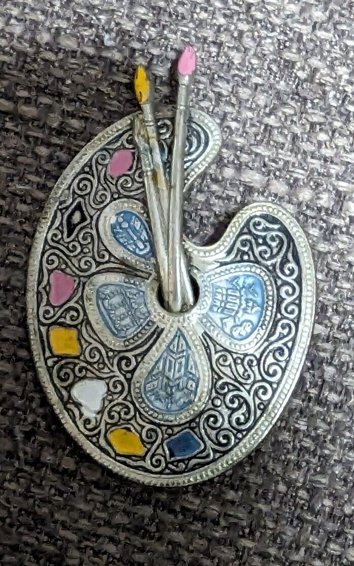 Vintage Brooch Spain Artists Palette Brushes Cloisonné Enamel Filigree Painting