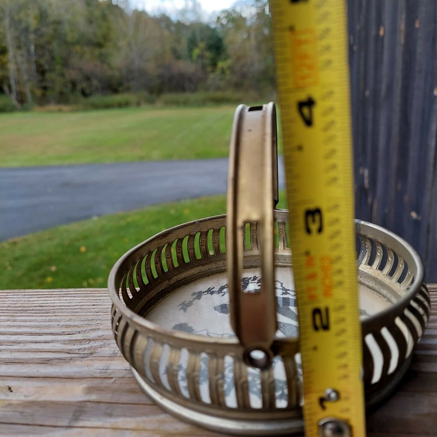 Vintage Metal Small Basket With Black & White Scene Print Made In Germany