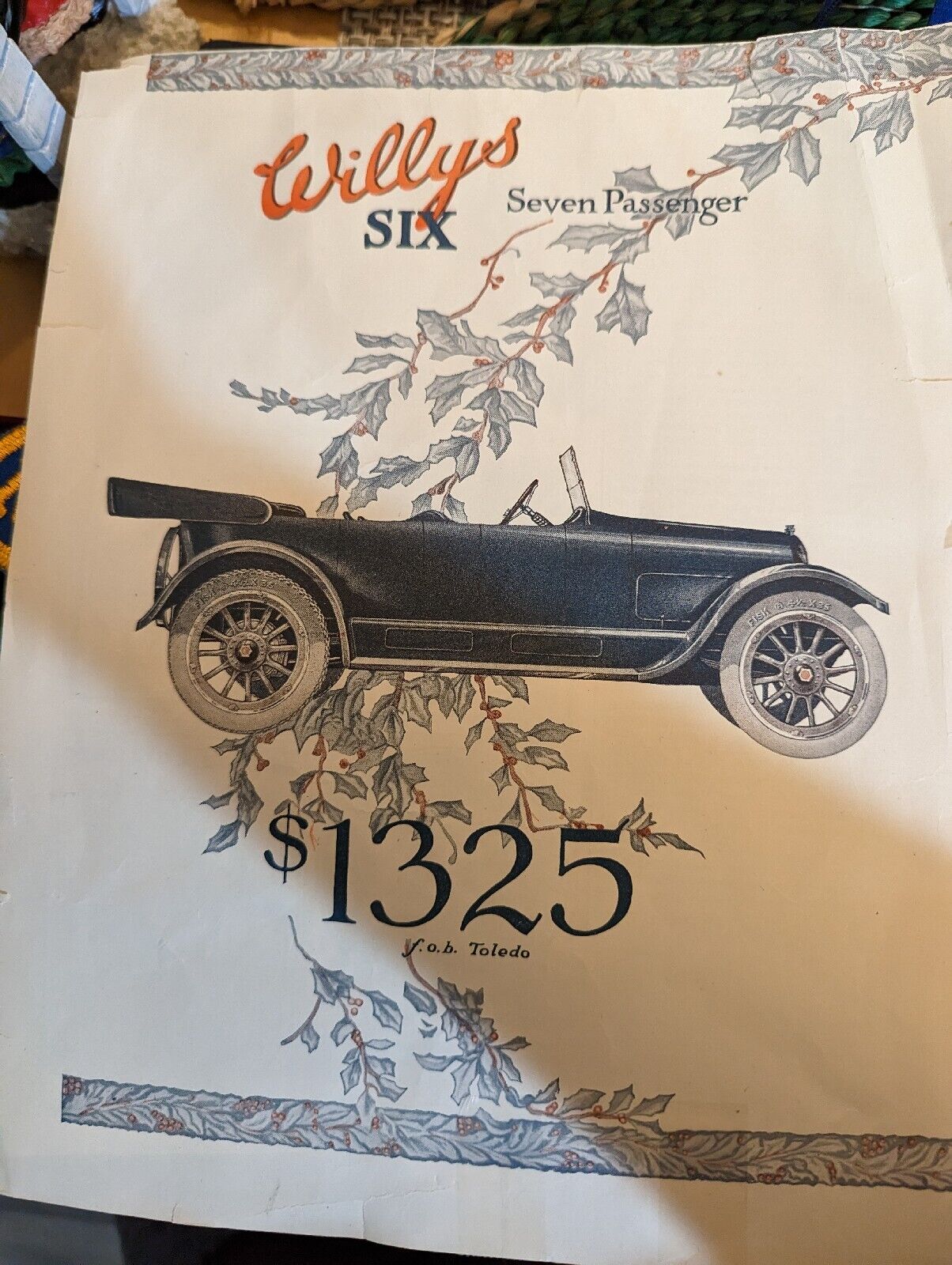 Willys Six car advertising four page brochure circa 1920