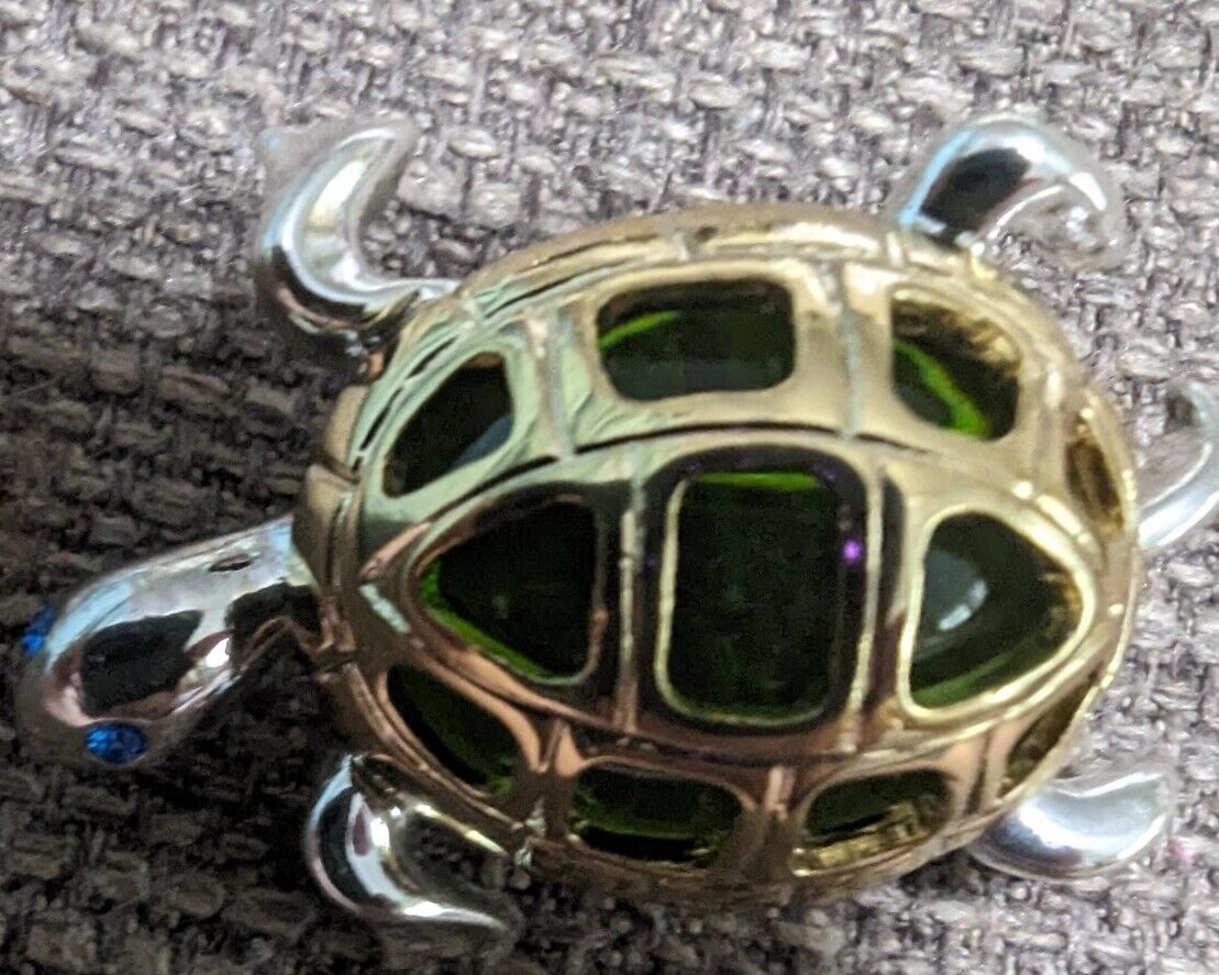 Metal And Green Glass Turtle Brooch Silver And Gold Tone