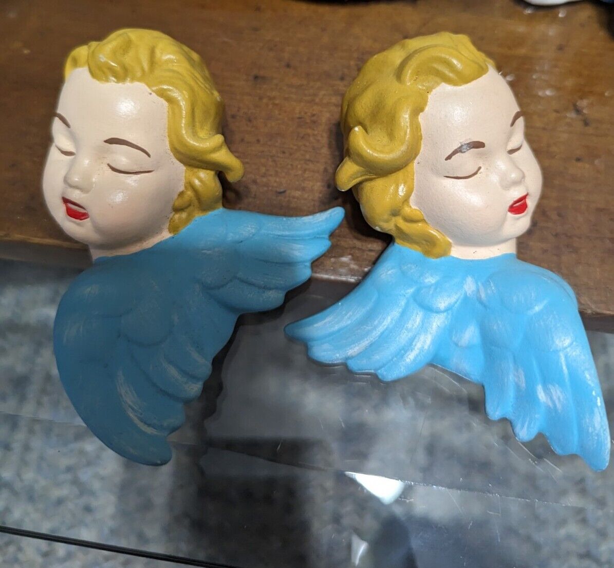 2 Vintage 50s Angel Cherub Heads Ceramic Figurines 3” Tall Hand Painted