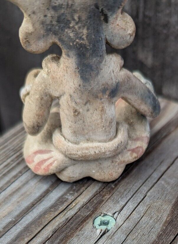 Vintage Seated Hand Made Mayan Clay Tribesman Figurine About 3" Tall