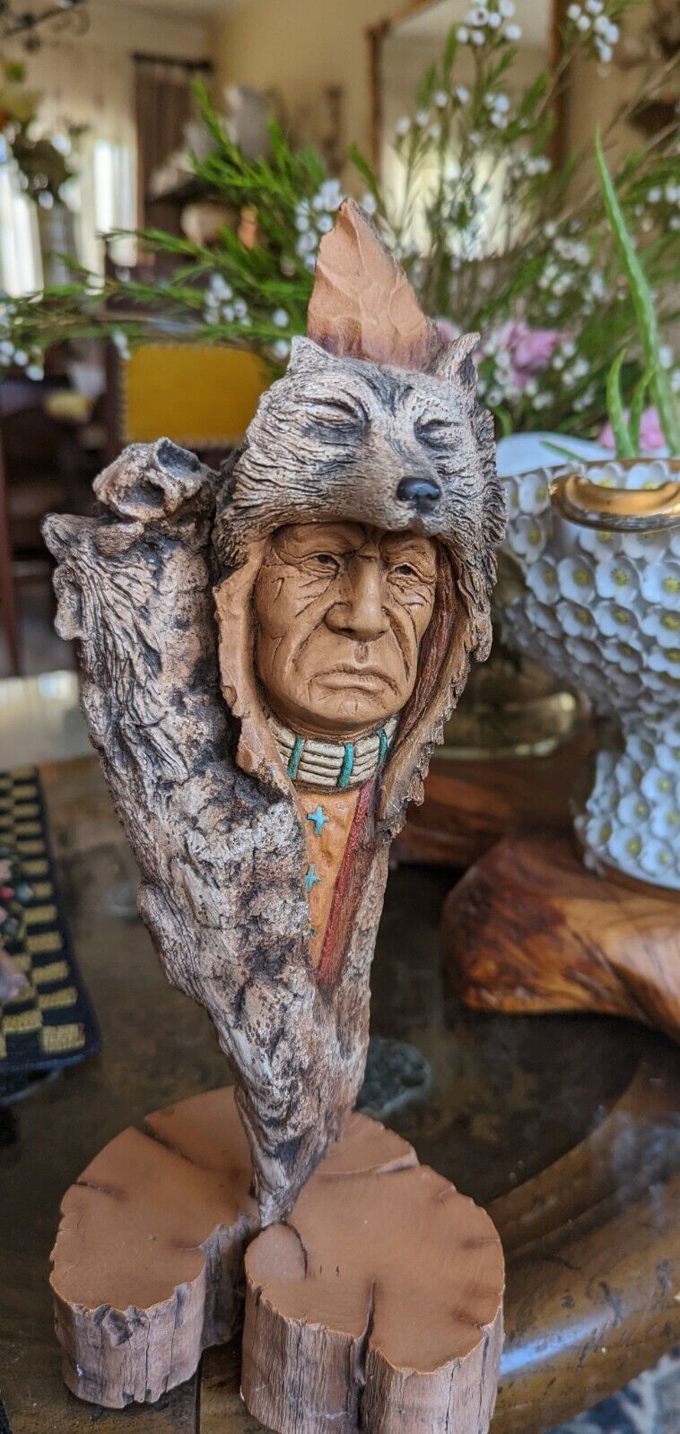 Vintage Terracotta Ceramic Native American Chief Statue on Stand.