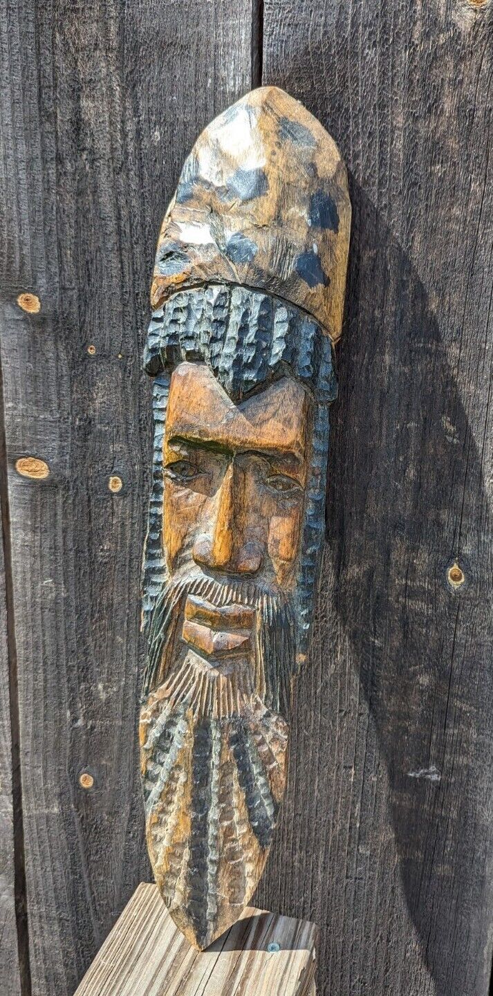 Slender Elongated Primitive Bearded Real Wood Carved Man Mask Wall Hanging 2 Ft