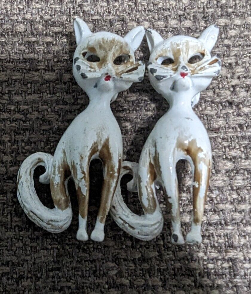 2 Vintage MCM White W Brown Spots Long Neck Cat Brooches Siamese Twins About 2"