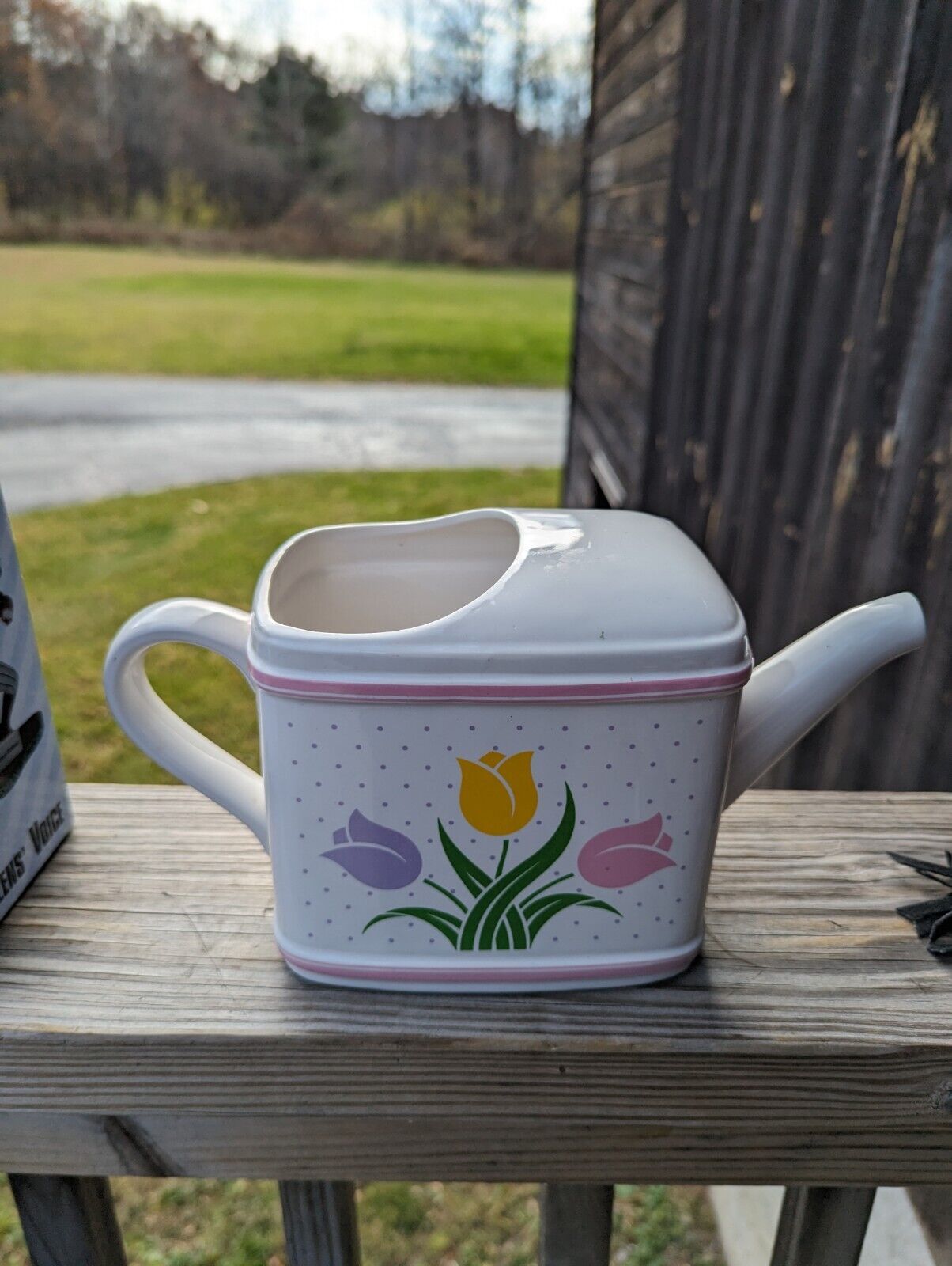 1985 Teleflora Gift Ceramic Watering Can Flower Pot Planter Tulips Spring Design