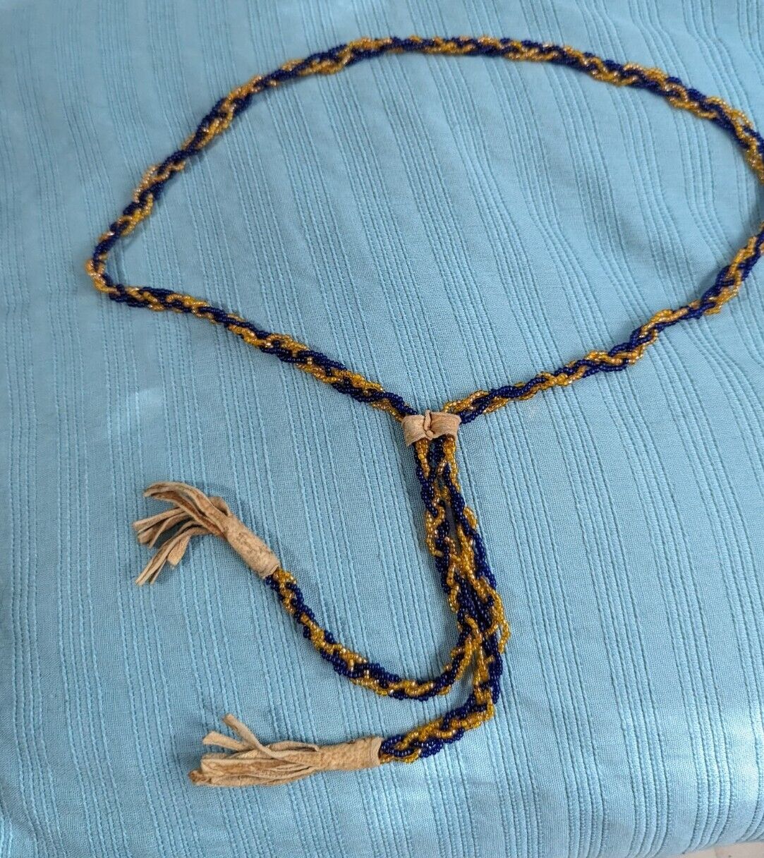 Vntg 1940s Native American Navy/Gold Tone Beaded Lariat Necklace Leather Bound