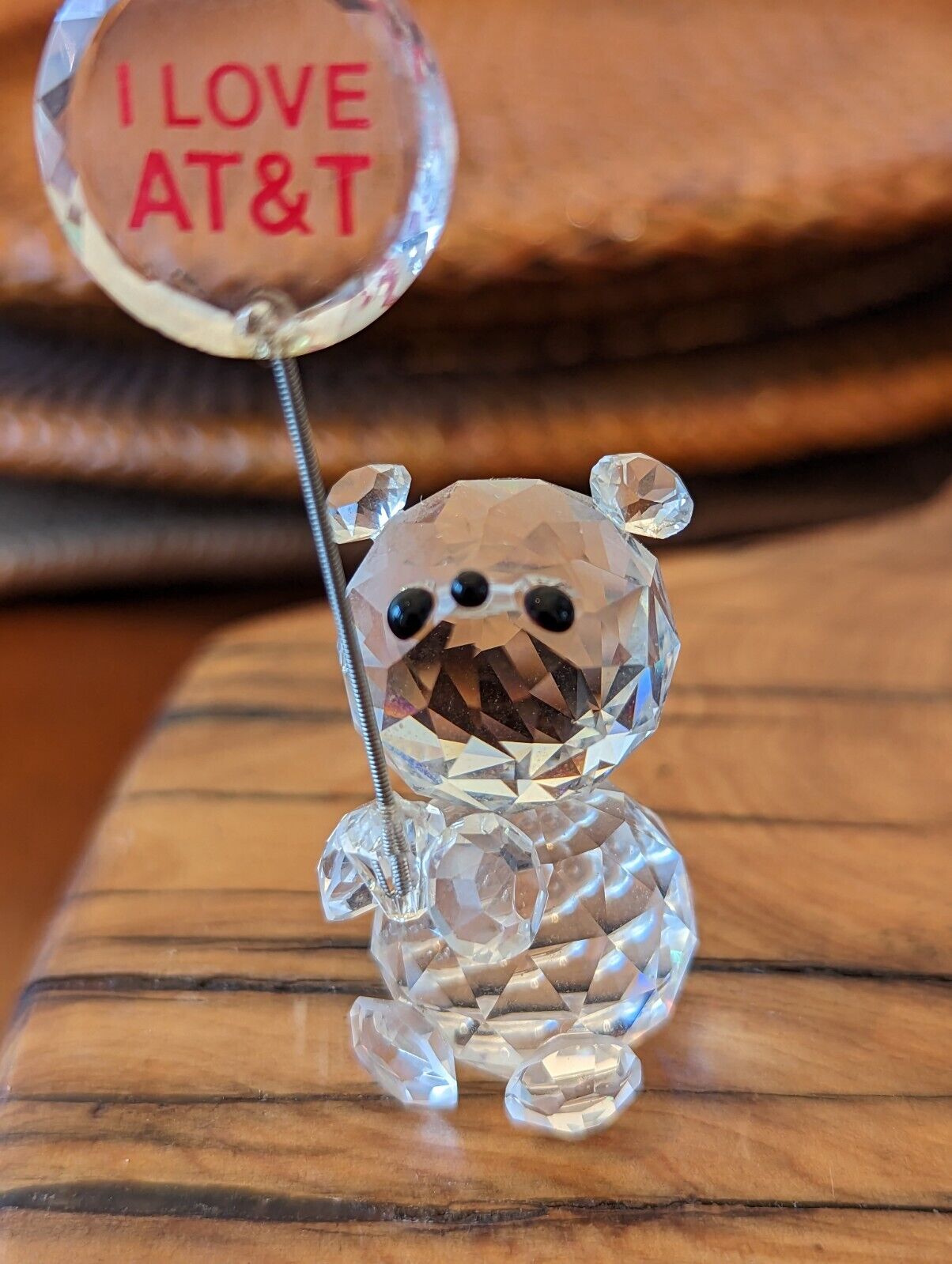 Signed Zoo Crystal Bear miniature Figurine Holding I Love AT&T Sign  1" x 2"