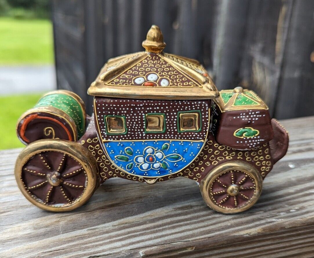 Vintage Ornate Porcelain Carriage Salt Pepper & Sugar Set 6" Wide Made in Japan