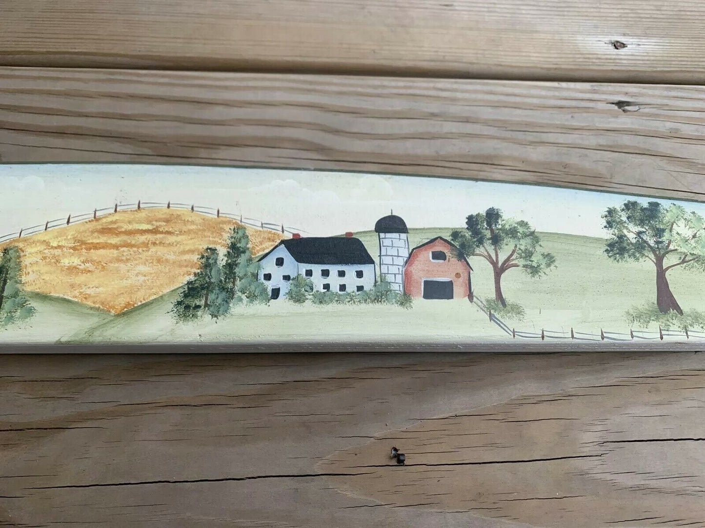 Signed Wooden Wall Art of Barn Farm scene hand Painting