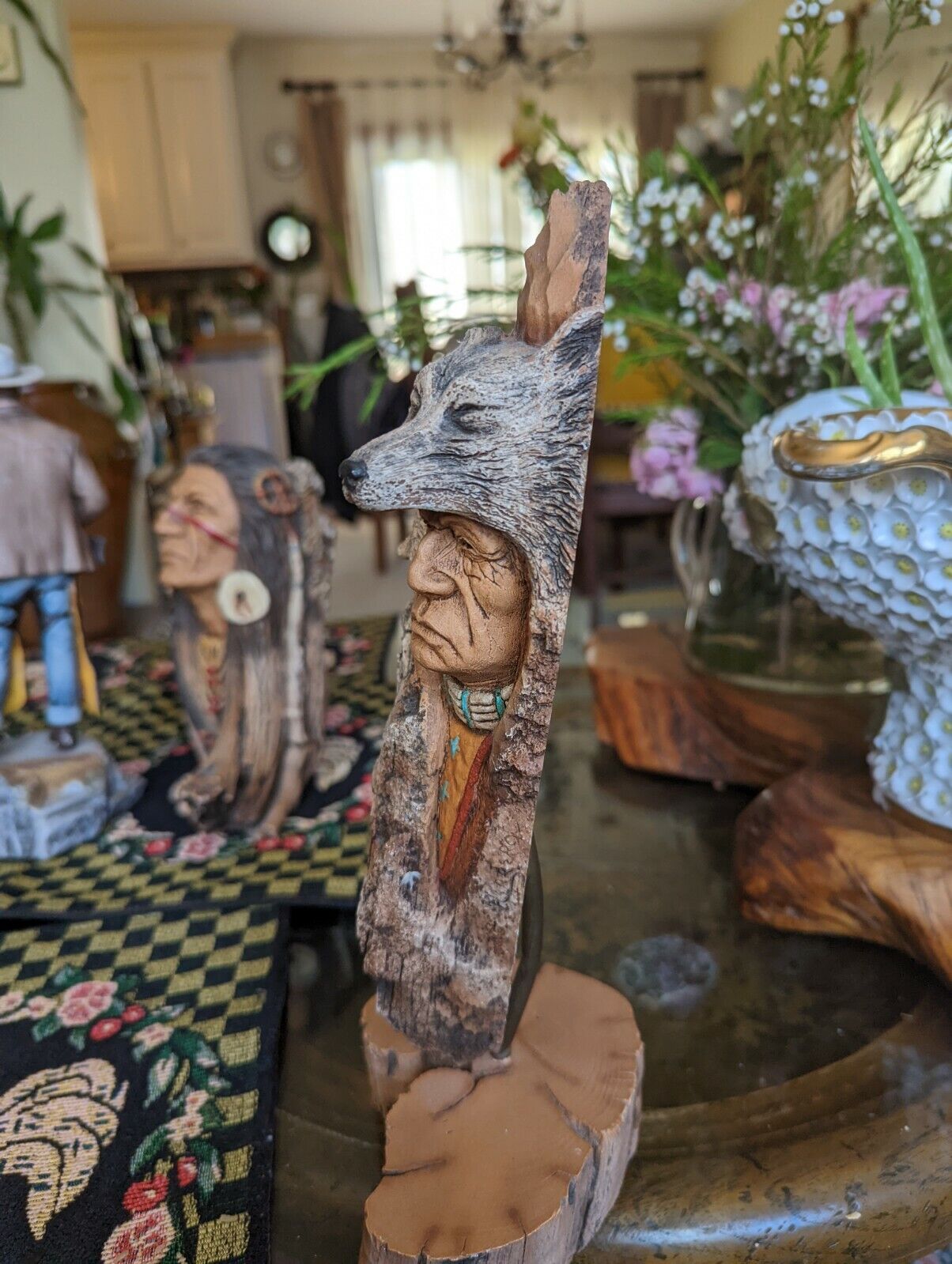 Vintage Terracotta Ceramic Native American Chief Statue on Stand.