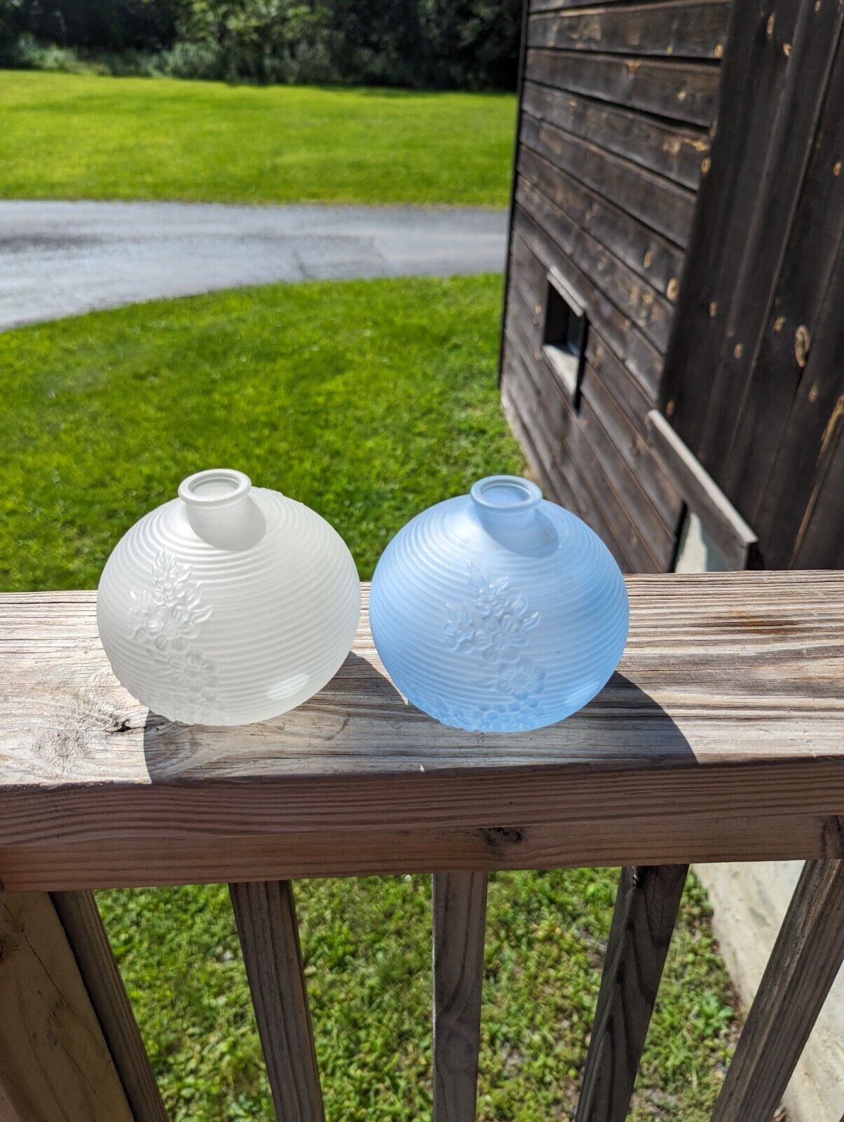 Two Avon Blue & White Frosted  Round  Bud Vases with Embossed Flower Design