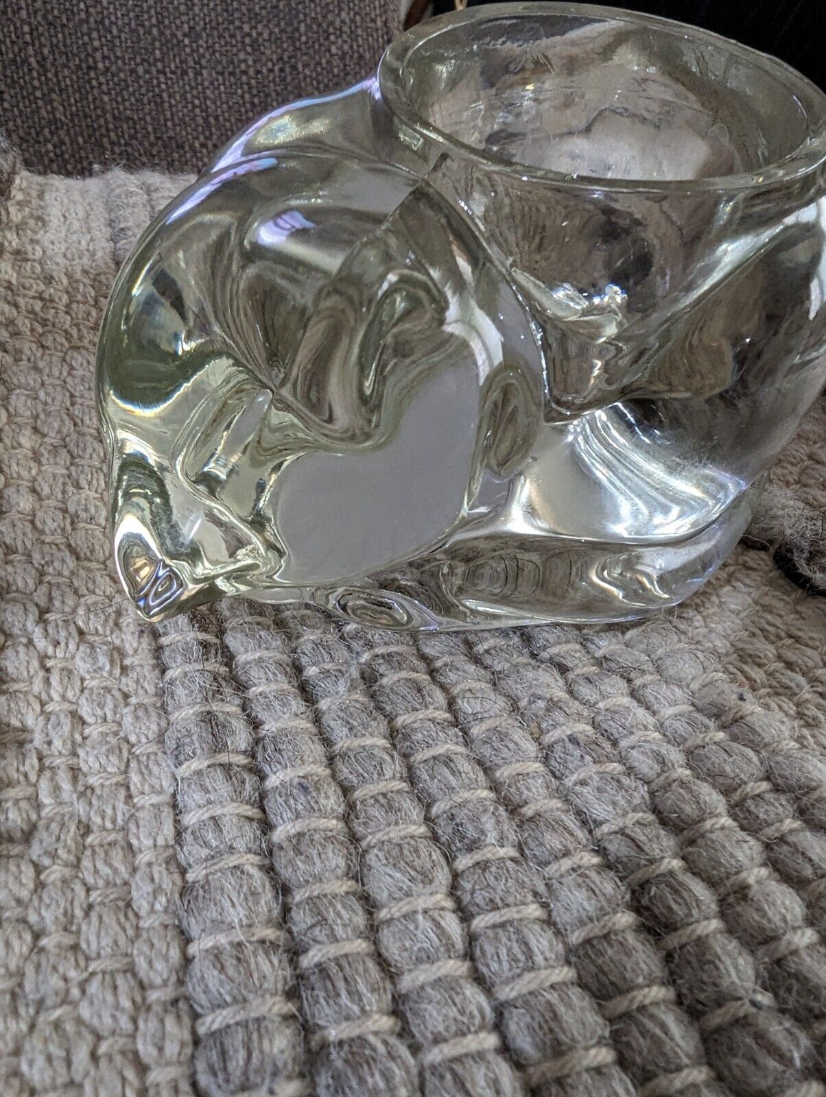 VINTAGE  Avon 5" clear sleeping kitty cat votive candle holder