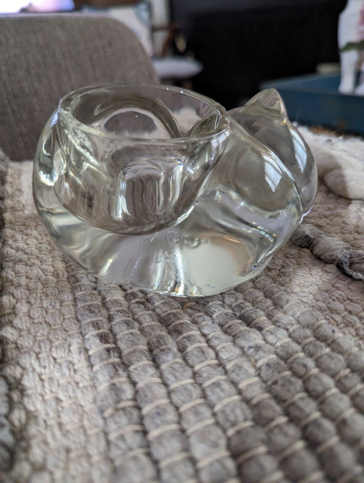 VINTAGE  Avon 5" clear sleeping kitty cat votive candle holder