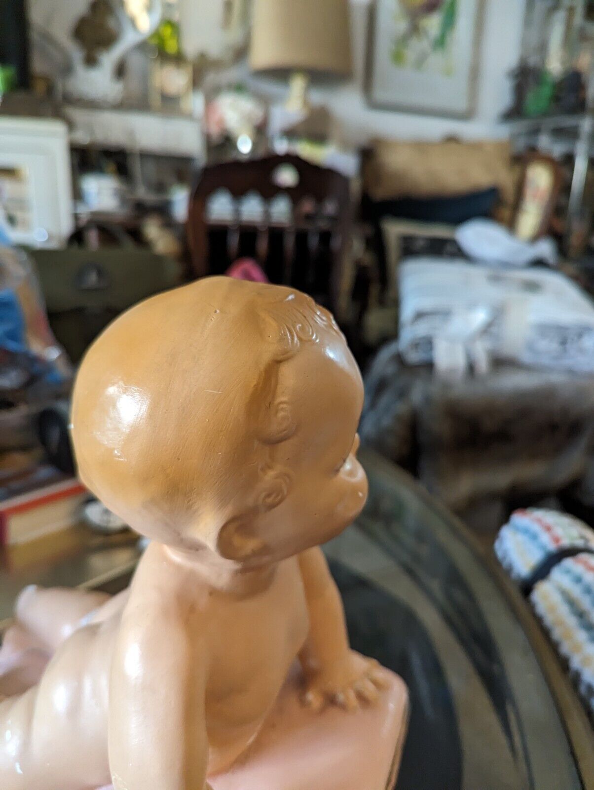 True Vintage 50s Chalkware Piano Baby - Poured Painted plaster baby girl Rare