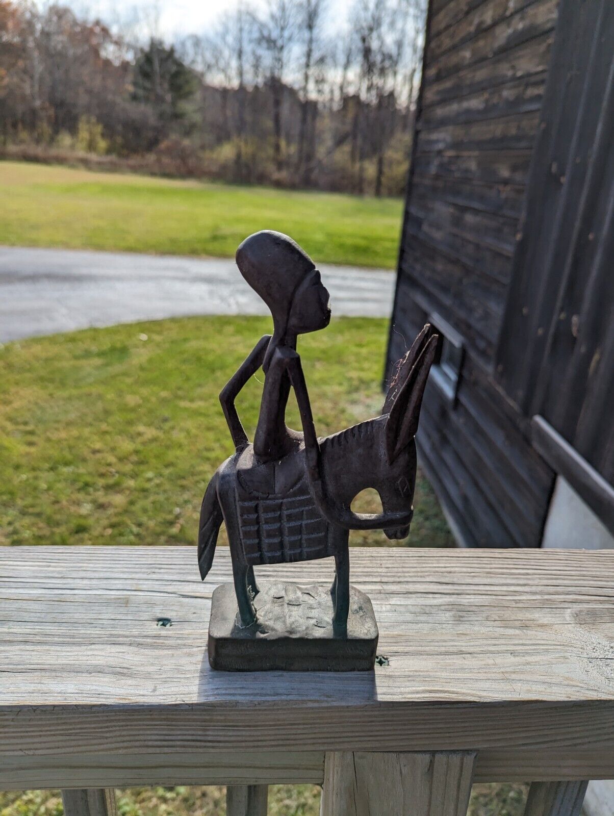 Vintage Hand Carved Wood Sculpture Of Man on Mule/Donkey Signed SPIERRE 9"