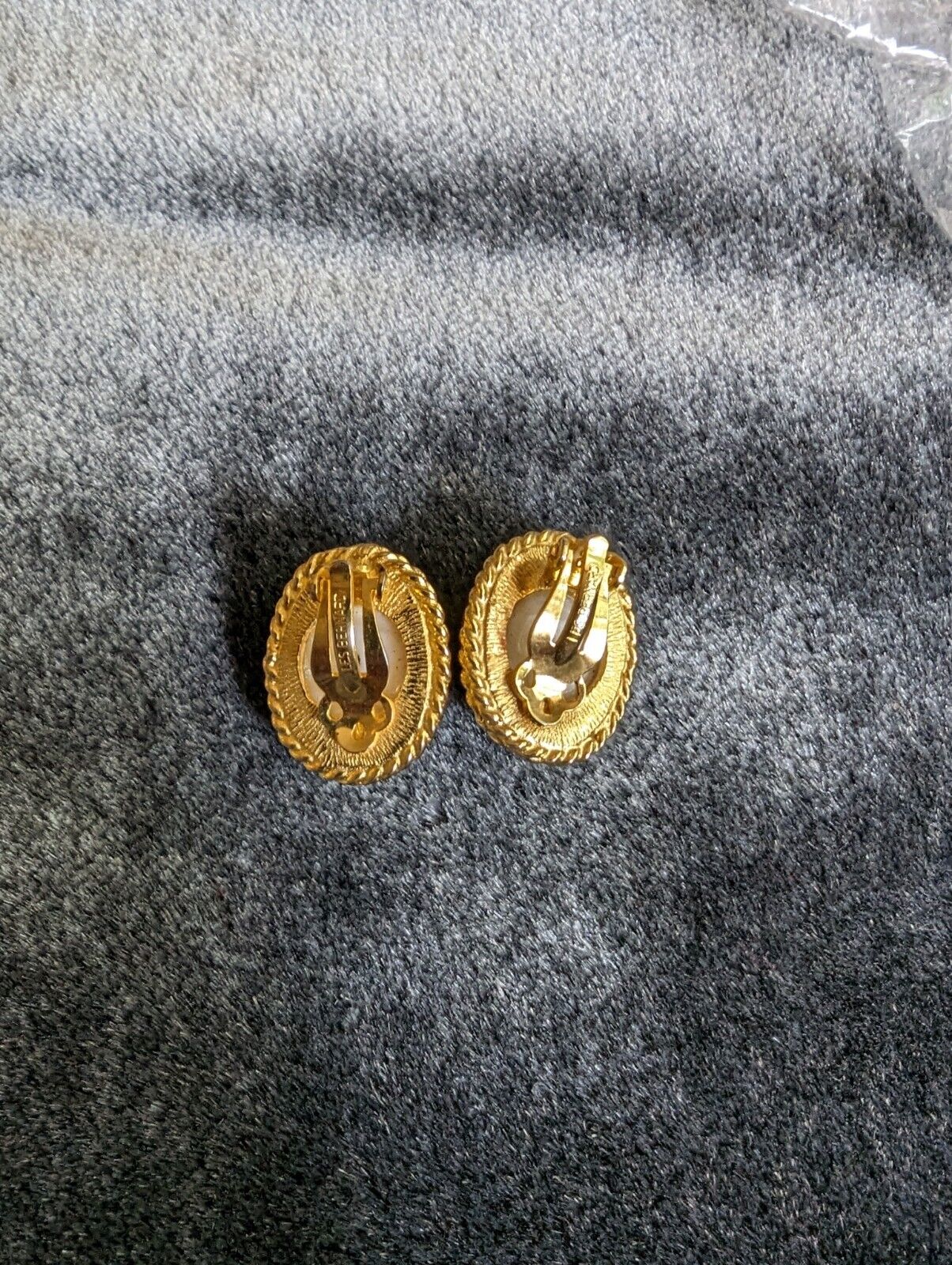 Vintage Les Bernard Clip On Earrings White Glass Stone Over Golden Metal Classic