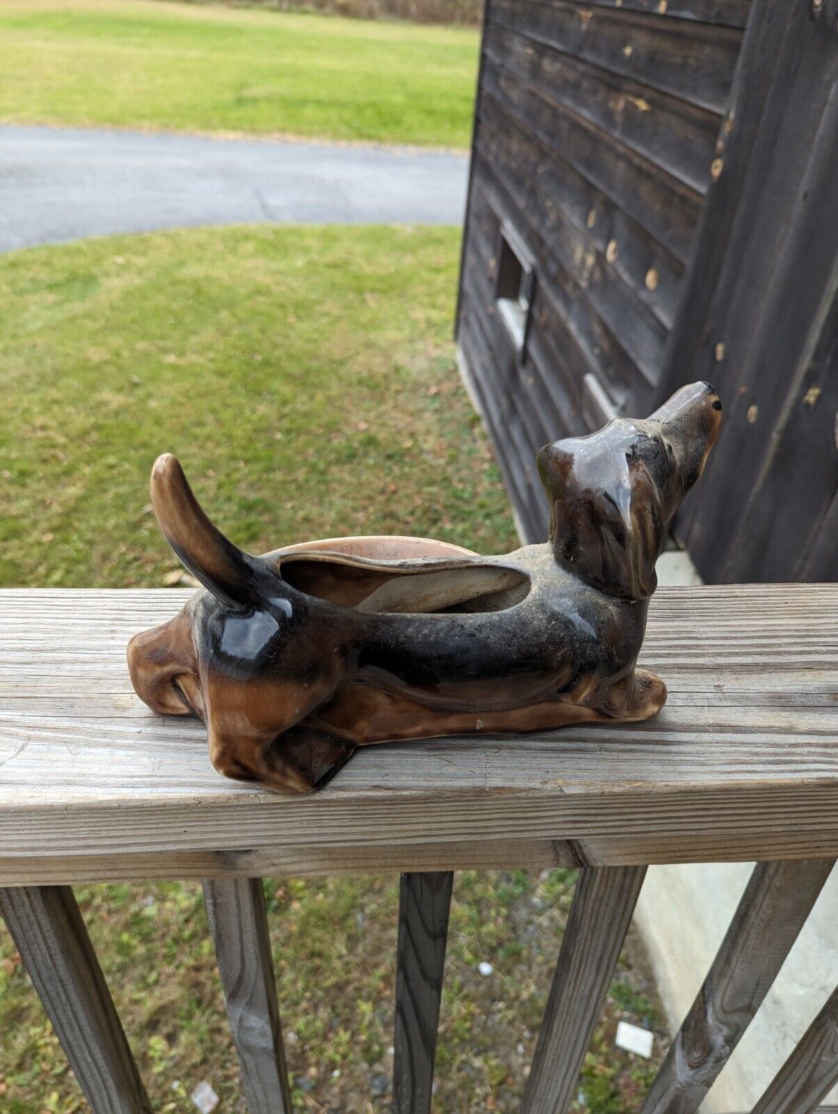 Vintage MCM 50s 10 Inch Dachshund Ceramic Planter Trinket Dish Weiner Dog