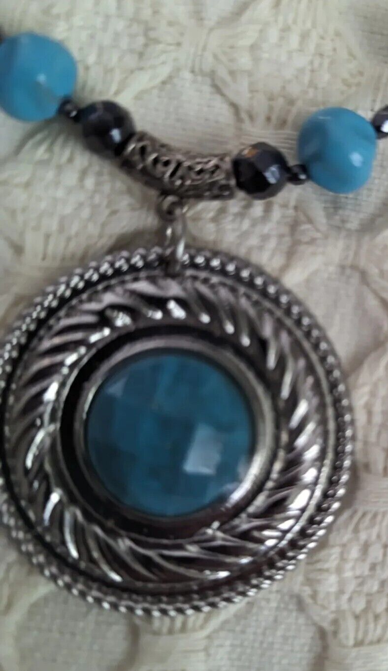 Large Faux Turquoise And Silver Tone Pendant Necklace